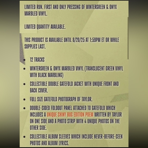 Taylor Swift The Life of a Showgirl Shiny Bug Wintergreen Onyx Marble LP LIMITED - Picture 9 of 9